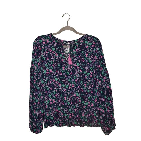 SOUTHERN TIDE $78 Navy Floral Tassel Keyhole Blouse Elastic Waistband Small - Picture 1 of 4